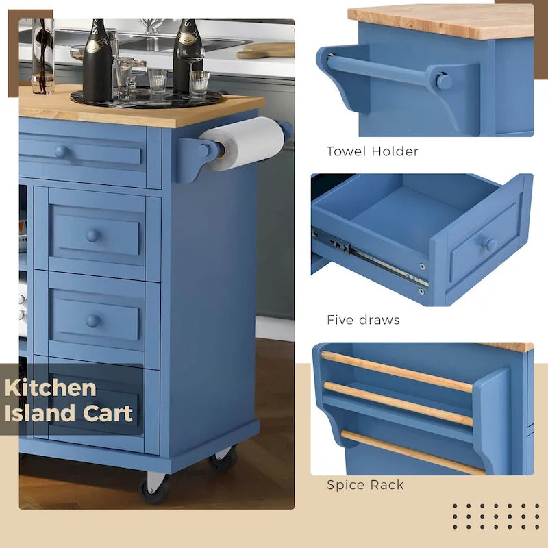 Carrello da cucina con piano in legno di caucciù, isola cucina mobile su ruote con contenitore e 5 cassetti, lunghezza 53 pollici (sgabello escluso)