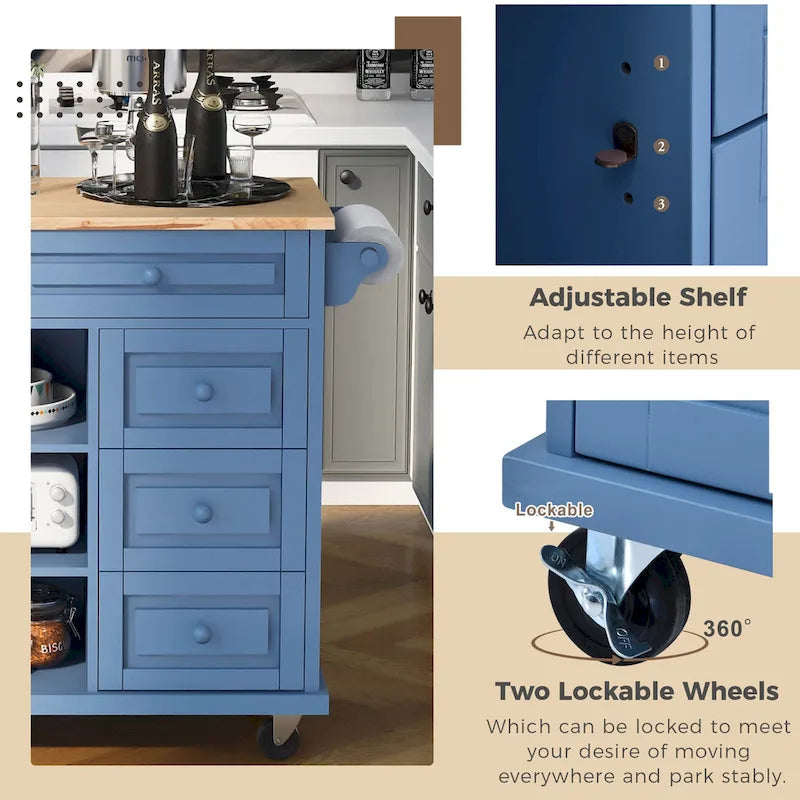 Carrello da cucina con piano in legno di caucciù, isola cucina mobile su ruote con contenitore e 5 cassetti, lunghezza 53 pollici (sgabello escluso)