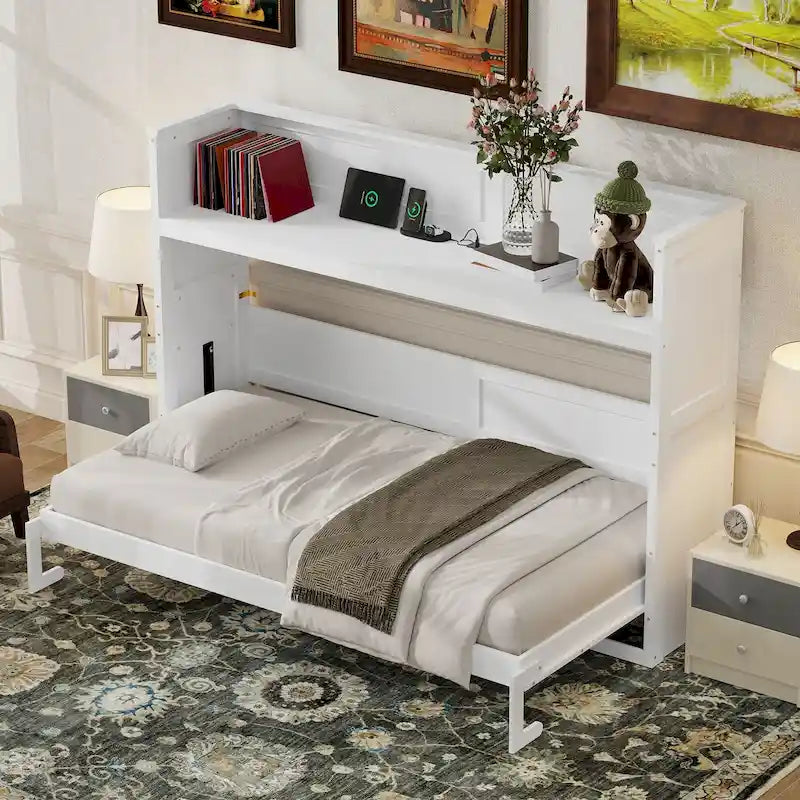 Letto a scomparsa Twin XL con scrivania e luce LED, struttura in legno massello con stazione di ricarica USB, per piccoli spazi e uffici domestici