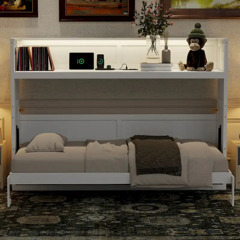 Letto a scomparsa Twin XL con scrivania e luce LED, struttura in legno massello con stazione di ricarica USB, per piccoli spazi e uffici domestici