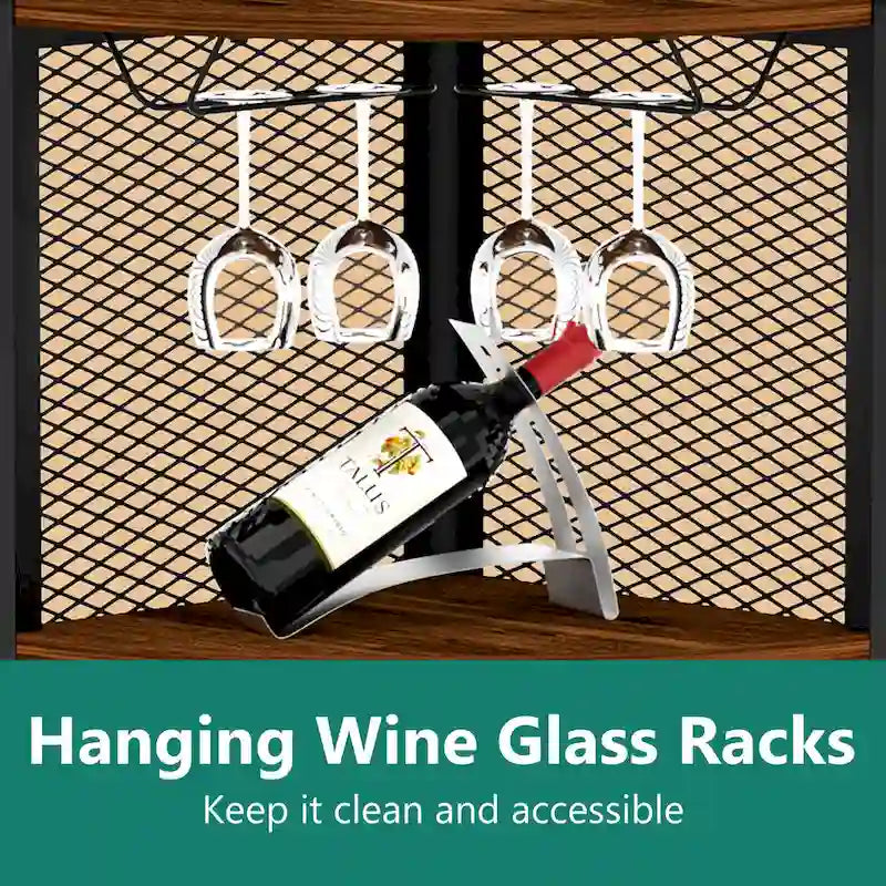 Mensola angolare con ante, mobile angolare a 65° con ripiani e portabicchieri da vino, libreria espositiva angolare a 6 ripiani