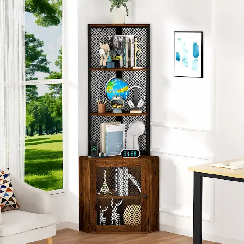 Mensola angolare con ante, mobile angolare a 65° con ripiani e portabicchieri da vino, libreria espositiva angolare a 6 ripiani