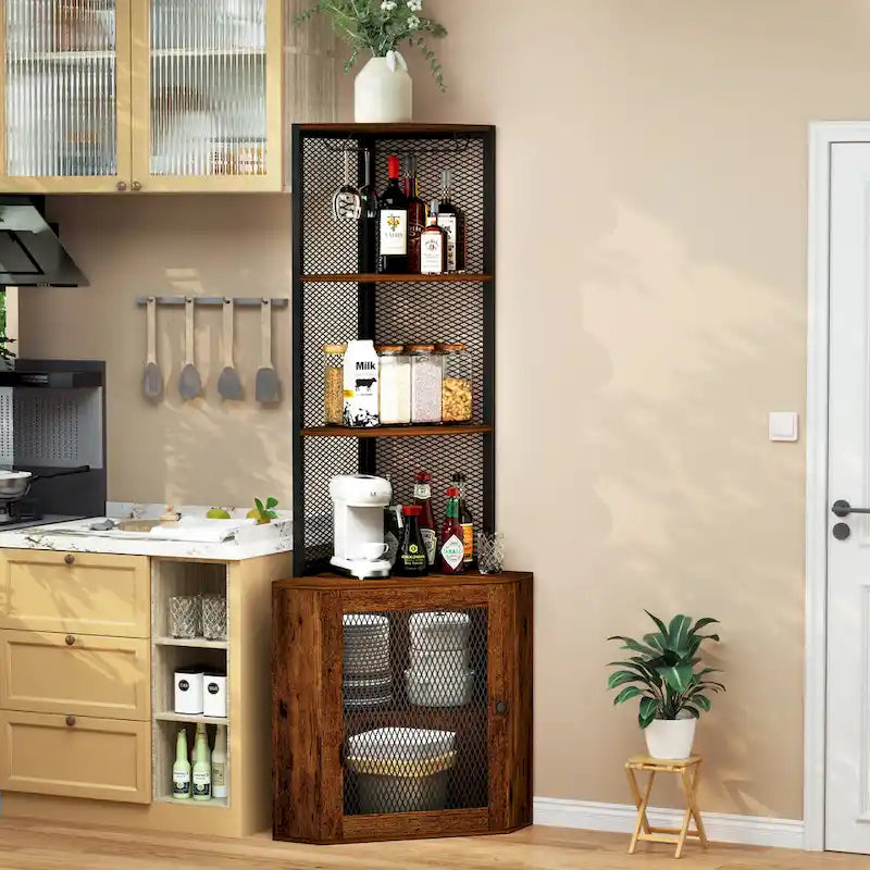 Mensola angolare con ante, mobile angolare a 65° con ripiani e portabicchieri da vino, libreria espositiva angolare a 6 ripiani