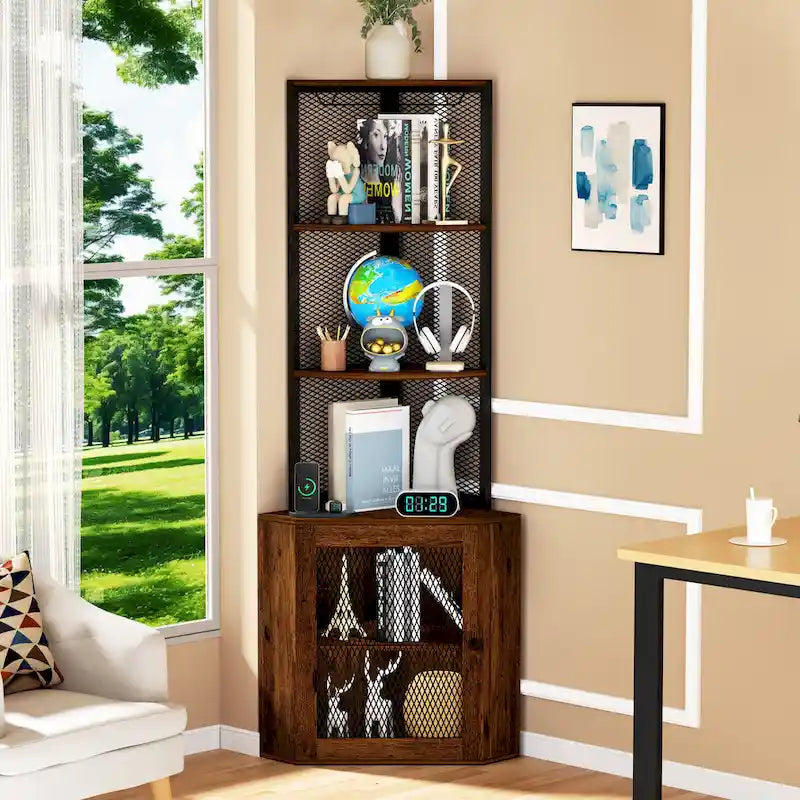 Mensola angolare con ante, mobile angolare a 65° con ripiani e portabicchieri da vino, libreria espositiva angolare a 6 ripiani