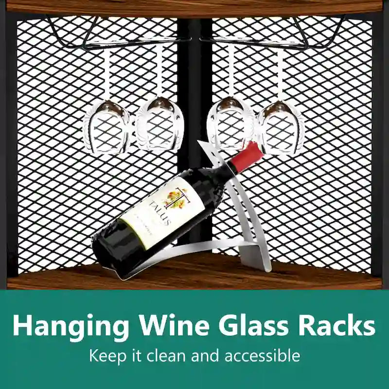 Mensola angolare con ante, mobile angolare a 65° con ripiani e portabicchieri da vino, libreria espositiva angolare a 6 ripiani