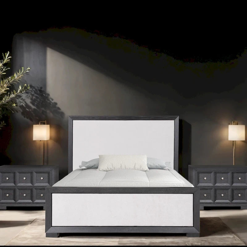 Letto a pannelli in tessuto in legno massello classico moderno | Grigio chiaro | King e Queen | 450 kg
