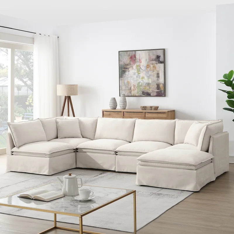 Divano sezionale modulare a L in ciniglia con pouf mobile