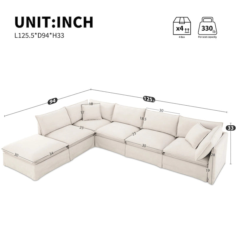 Divano sezionale modulare a L in ciniglia con pouf mobile