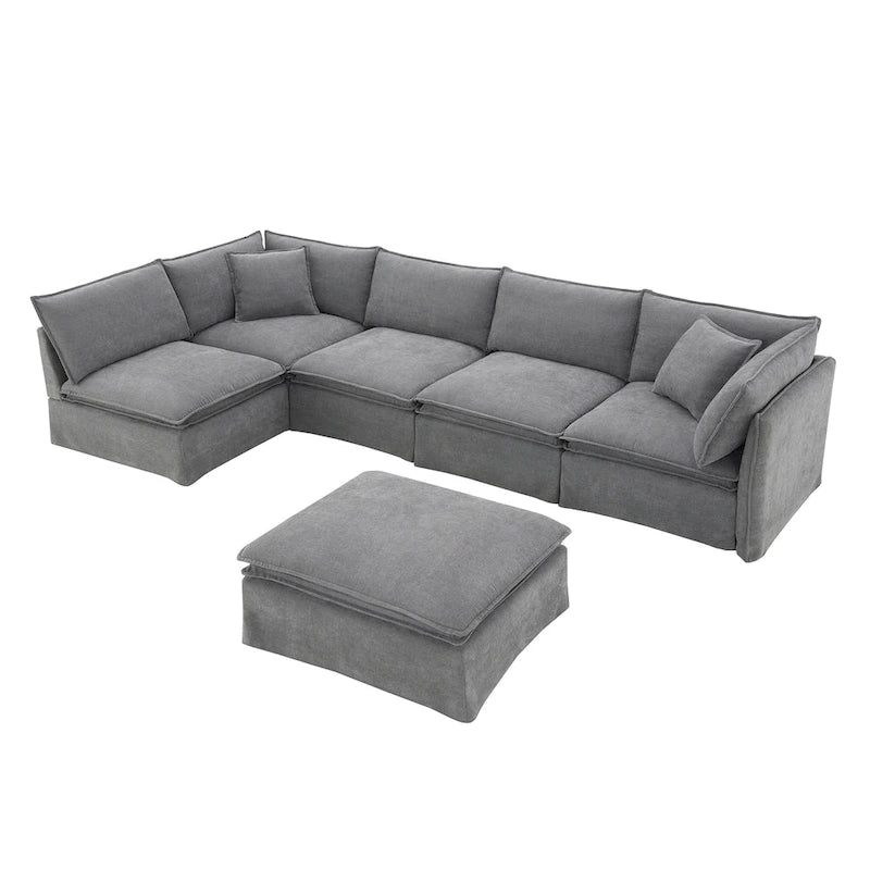 Divano sezionale modulare a L in ciniglia con pouf mobile