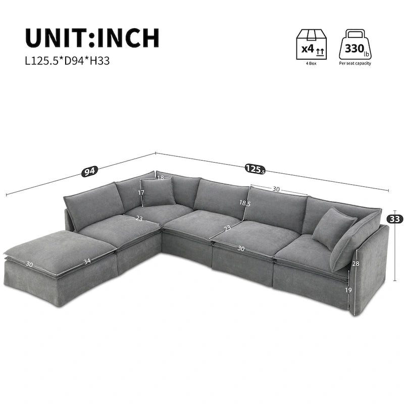 Divano sezionale modulare a L in ciniglia con pouf mobile