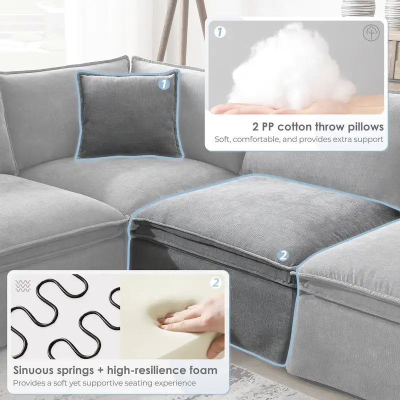 Divano sezionale modulare a L in ciniglia con pouf mobile