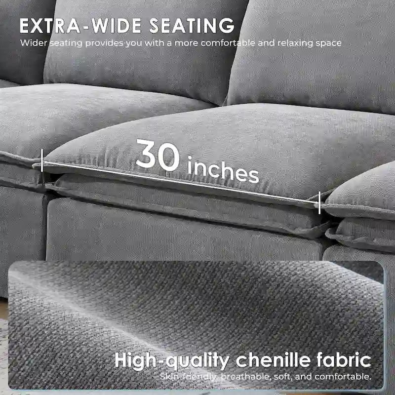 Divano sezionale modulare a L in ciniglia con pouf mobile