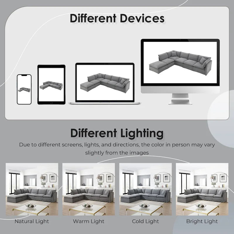 Divano sezionale modulare a L in ciniglia con pouf mobile