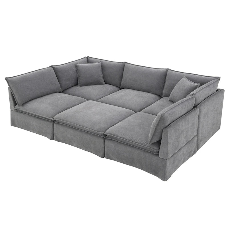 Divano sezionale modulare a L in ciniglia con pouf mobile
