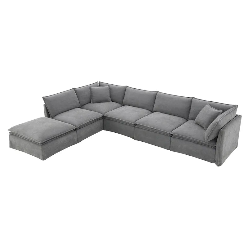 Divano sezionale modulare a L in ciniglia con pouf mobile