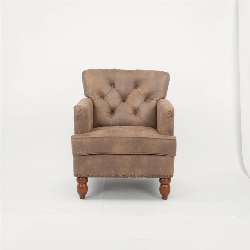 Poltrona club in tessuto scamosciato con gambe in legno
