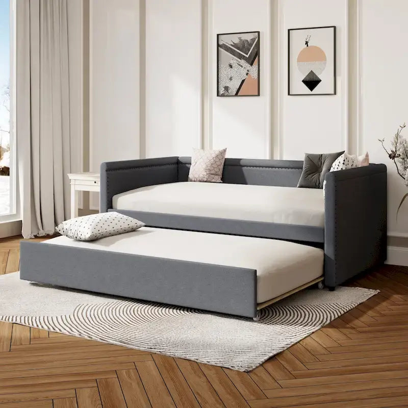 Divano letto a una piazza imbottito con letto estraibile in lino moderno, nessuna molla necessaria