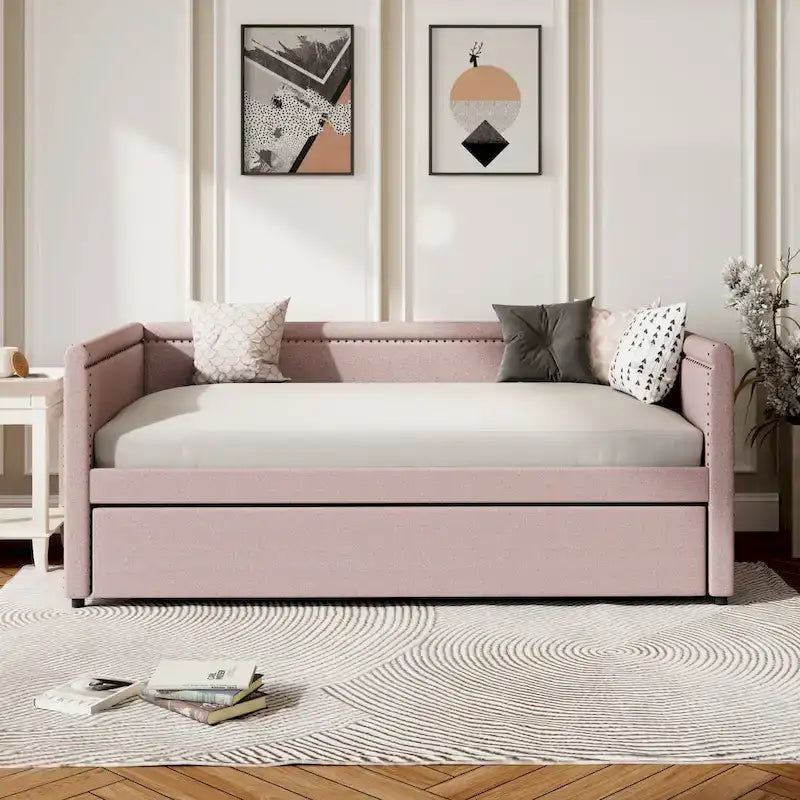 Divano letto a una piazza imbottito con letto estraibile in lino moderno, nessuna molla necessaria