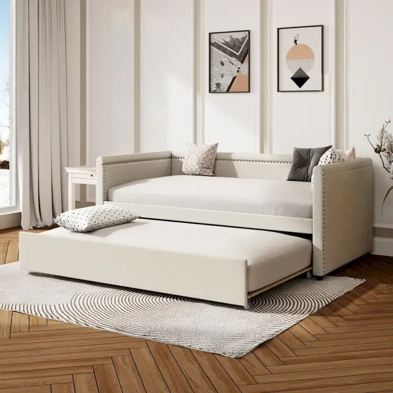 Divano letto a una piazza imbottito con letto estraibile in lino moderno, nessuna molla necessaria