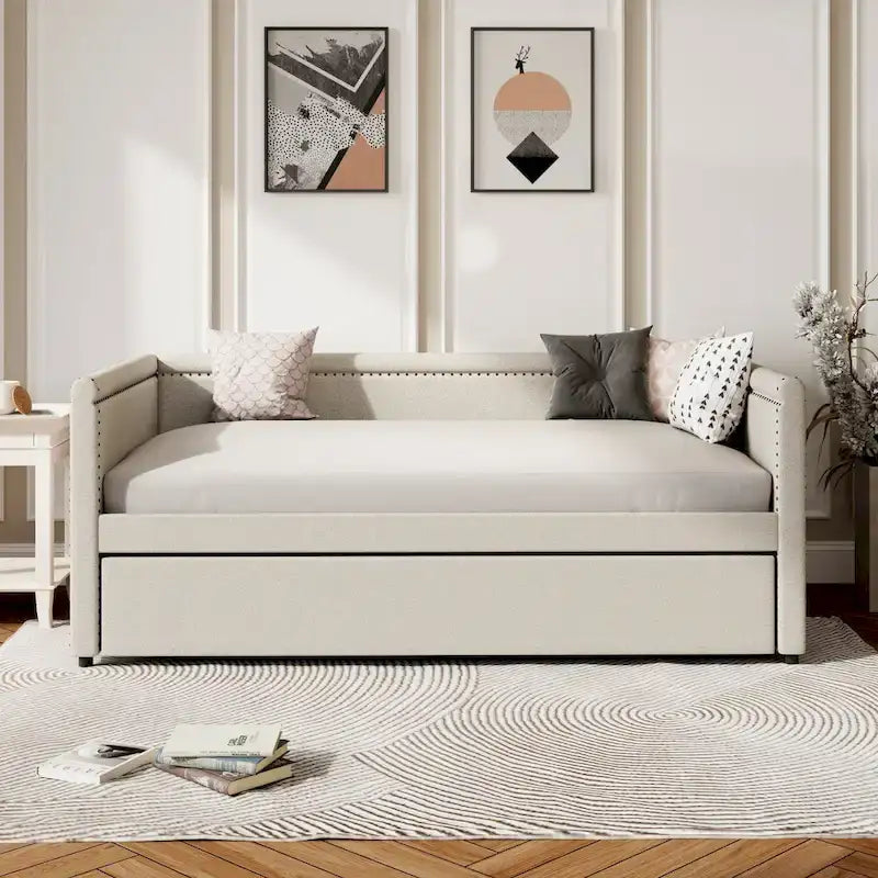Divano letto a una piazza imbottito con letto estraibile in lino moderno, nessuna molla necessaria