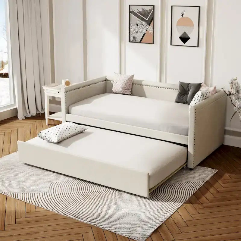 Divano letto a una piazza imbottito con letto estraibile in lino moderno, nessuna molla necessaria