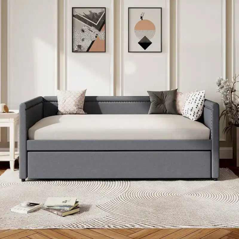 Divano letto a una piazza imbottito con letto estraibile in lino moderno, nessuna molla necessaria