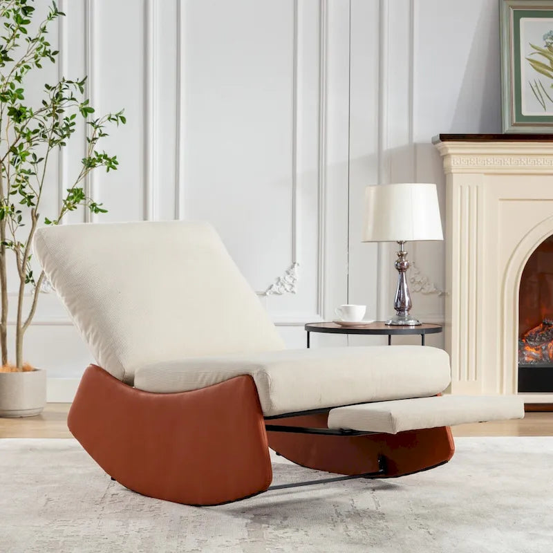Poltrona Reclinabile a Dondolo Moderna in Velluto a Coste Arancione+Beige con Poggiapiedi e Gamba in Ecopelle per Soggiorno, Camera da Letto