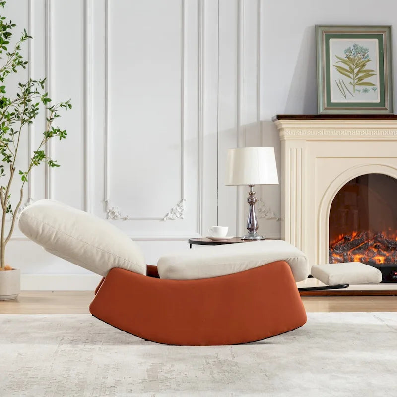 Poltrona Reclinabile a Dondolo Moderna in Velluto a Coste Arancione+Beige con Poggiapiedi e Gamba in Ecopelle per Soggiorno, Camera da Letto