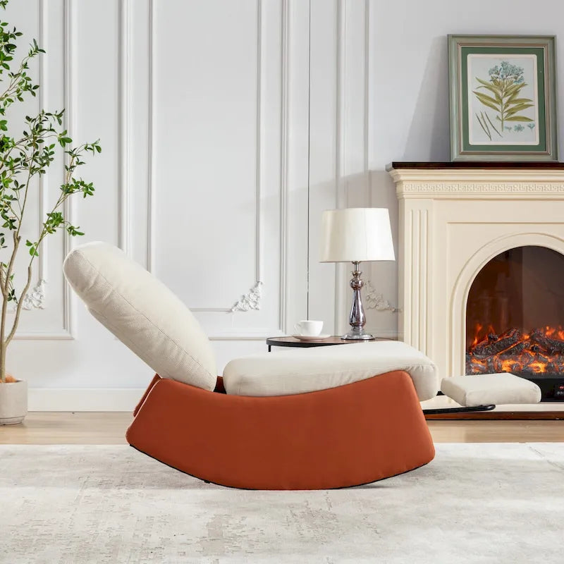 Poltrona Reclinabile a Dondolo Moderna in Velluto a Coste Arancione+Beige con Poggiapiedi e Gamba in Ecopelle per Soggiorno, Camera da Letto