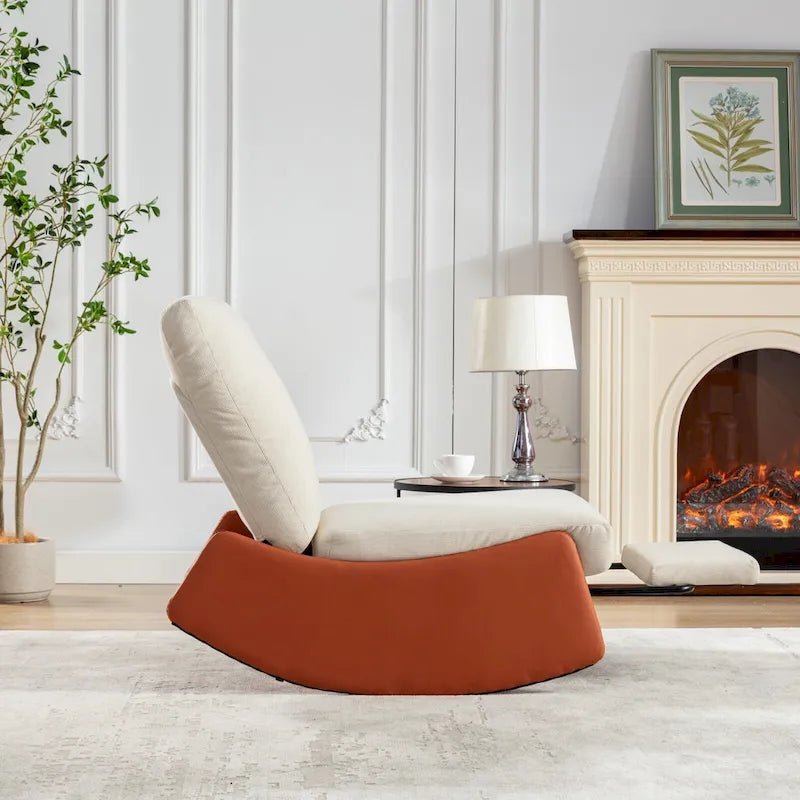 Poltrona Reclinabile a Dondolo Moderna in Velluto a Coste Arancione+Beige con Poggiapiedi e Gamba in Ecopelle per Soggiorno, Camera da Letto