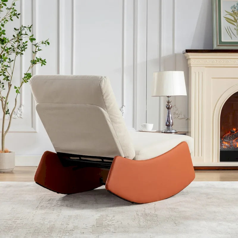 Poltrona Reclinabile a Dondolo Moderna in Velluto a Coste Arancione+Beige con Poggiapiedi e Gamba in Ecopelle per Soggiorno, Camera da Letto