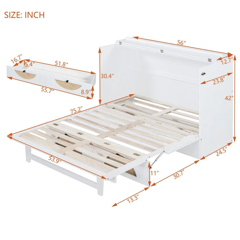 Letto a muro a scomparsa "Murphy" bianco Full Size con cassetto grande, porte USB e prese di corrente | Salvaspazio