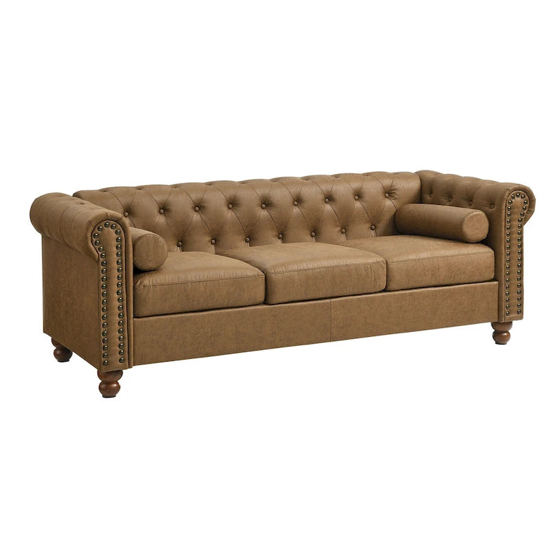 Divano Chesterfield imbottito in tessuto marrone da 74,5" con schienale trapuntato, 2 poggiatesta e cuscini in spugna