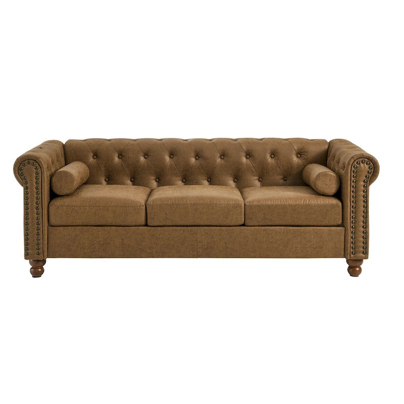 Divano Chesterfield imbottito in tessuto marrone da 74,5" con schienale trapuntato, 2 poggiatesta e cuscini in spugna