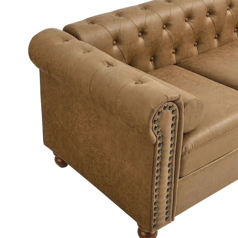 Divano Chesterfield imbottito in tessuto marrone da 74,5" con schienale trapuntato, 2 poggiatesta e cuscini in spugna