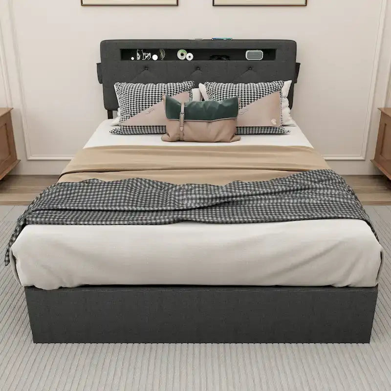 Letto Queen Size con Piattaforma | 4 Cassetti Contenitore | 2 Porte USB | LED RGB con 358 Modalità | 400 kg | Grigio Scuro