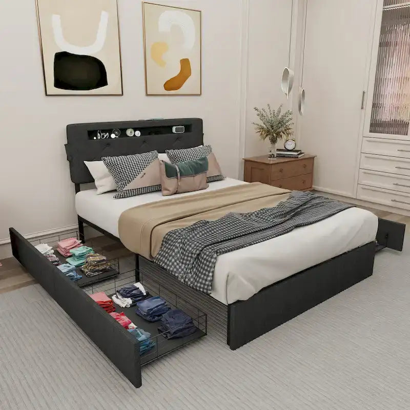 Letto Queen Size con Piattaforma | 4 Cassetti Contenitore | 2 Porte USB | LED RGB con 358 Modalità | 400 kg | Grigio Scuro