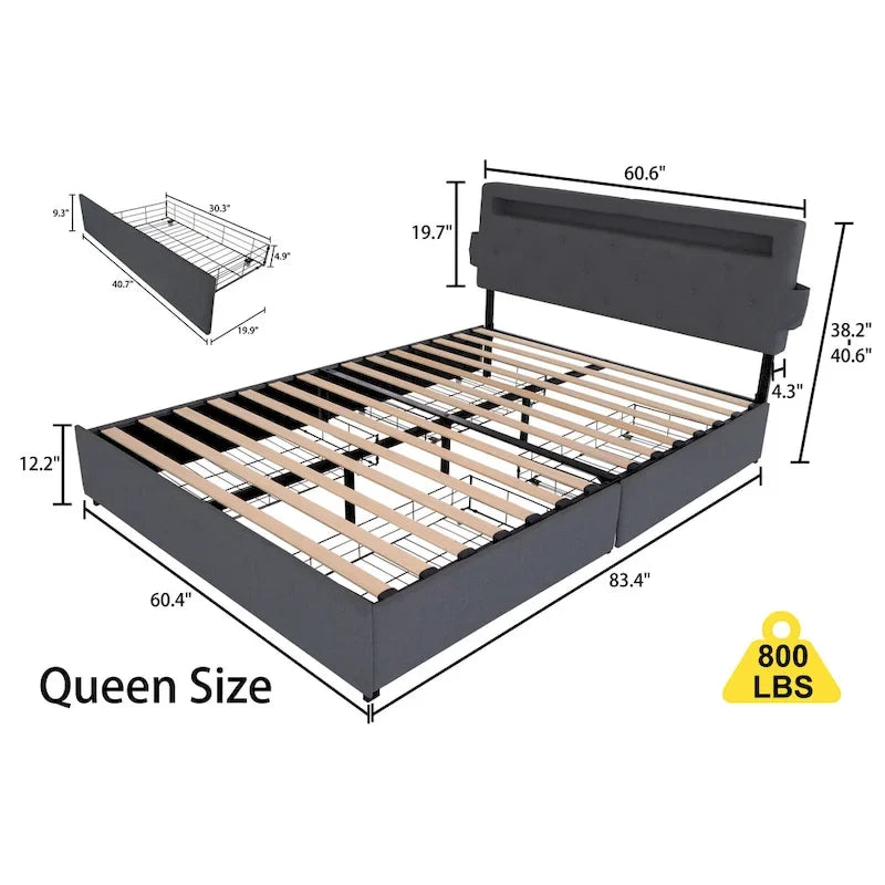 Letto Queen Size con Piattaforma | 4 Cassetti Contenitore | 2 Porte USB | LED RGB con 358 Modalità | 400 kg | Grigio Scuro