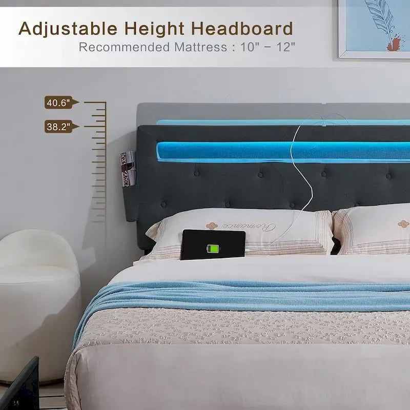 Letto Queen Size con Piattaforma | 4 Cassetti Contenitore | 2 Porte USB | LED RGB con 358 Modalità | 400 kg | Grigio Scuro
