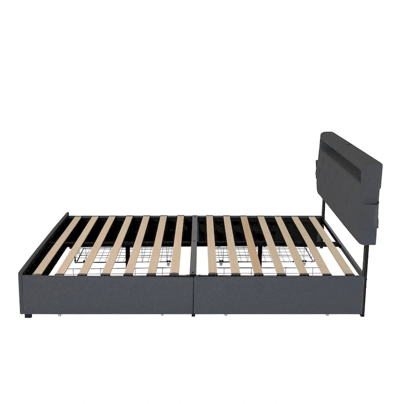 Letto Queen Size con Piattaforma | 4 Cassetti Contenitore | 2 Porte USB | LED RGB con 358 Modalità | 400 kg | Grigio Scuro