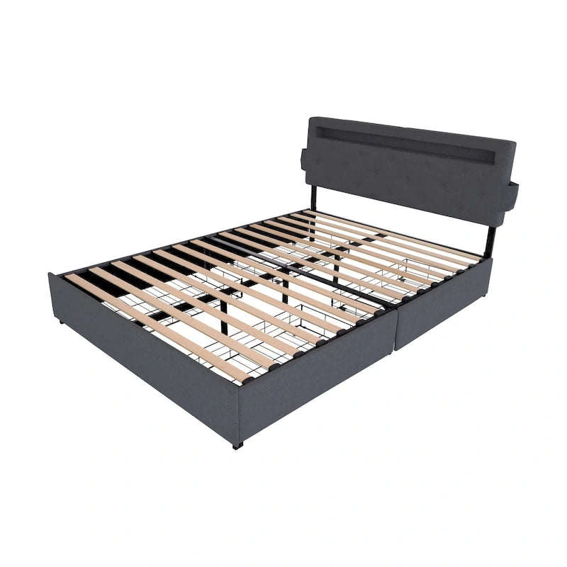 Letto Queen Size con Piattaforma | 4 Cassetti Contenitore | 2 Porte USB | LED RGB con 358 Modalità | 400 kg | Grigio Scuro