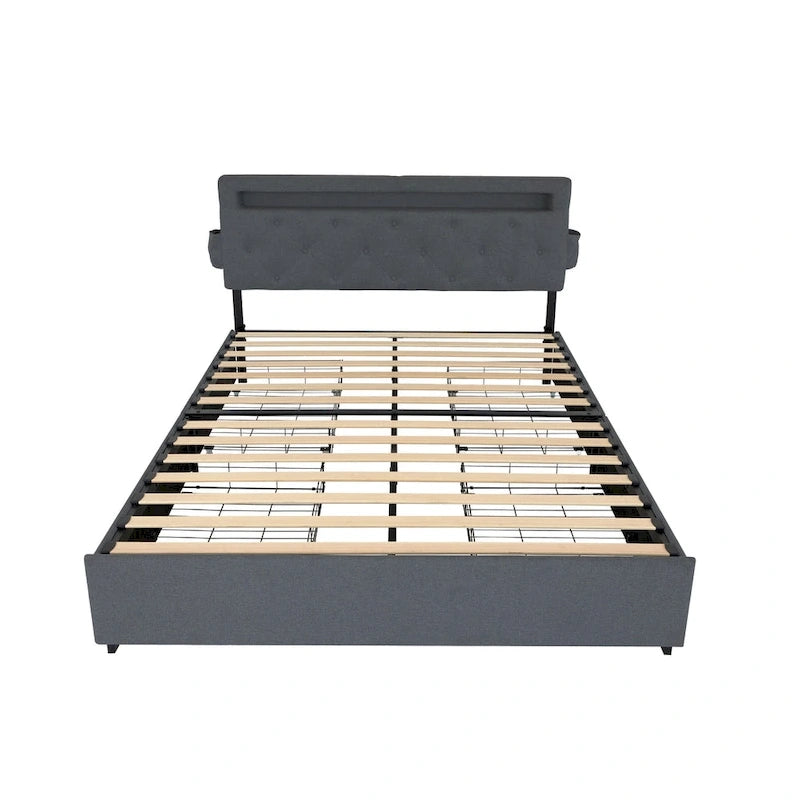 Letto Queen Size con Piattaforma | 4 Cassetti Contenitore | 2 Porte USB | LED RGB con 358 Modalità | 400 kg | Grigio Scuro