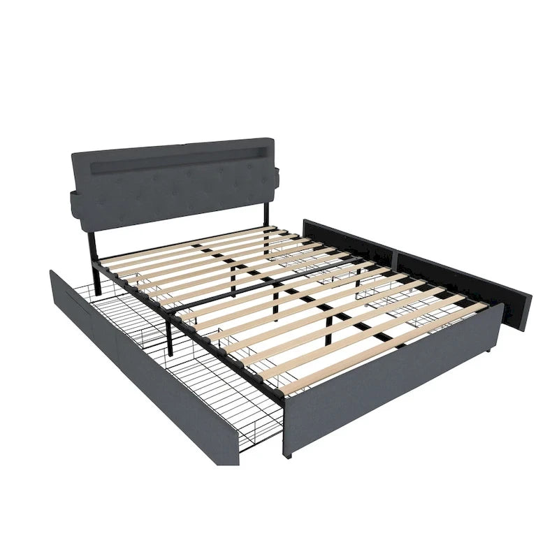 Letto Queen Size con Piattaforma | 4 Cassetti Contenitore | 2 Porte USB | LED RGB con 358 Modalità | 400 kg | Grigio Scuro