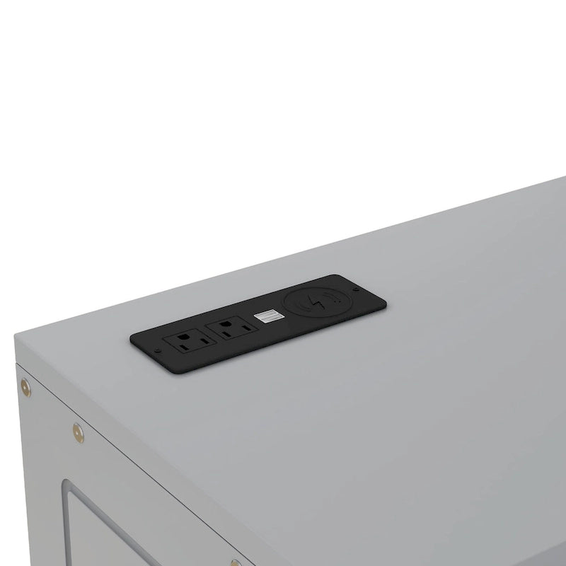 Letto a scomparsa grigio a grandezza naturale con ripiani aperti, armadietti e porte USB per la ricarica