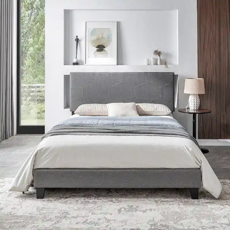 Letto Imbottito a Piattaforma Queen Grigio | Supporto a Doghe in Legno | Tutti i Tipi di Materasso | 227 kg