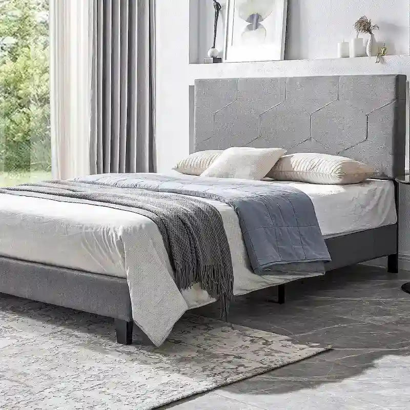 Letto Imbottito a Piattaforma Queen Grigio | Supporto a Doghe in Legno | Tutti i Tipi di Materasso | 227 kg