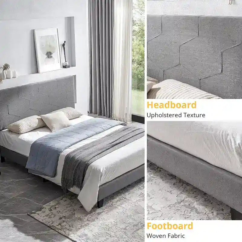 Letto Imbottito a Piattaforma Queen Grigio | Supporto a Doghe in Legno | Tutti i Tipi di Materasso | 227 kg