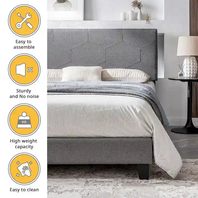 Letto Imbottito a Piattaforma Queen Grigio | Supporto a Doghe in Legno | Tutti i Tipi di Materasso | 227 kg