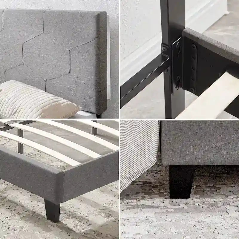 Letto Imbottito a Piattaforma Queen Grigio | Supporto a Doghe in Legno | Tutti i Tipi di Materasso | 227 kg