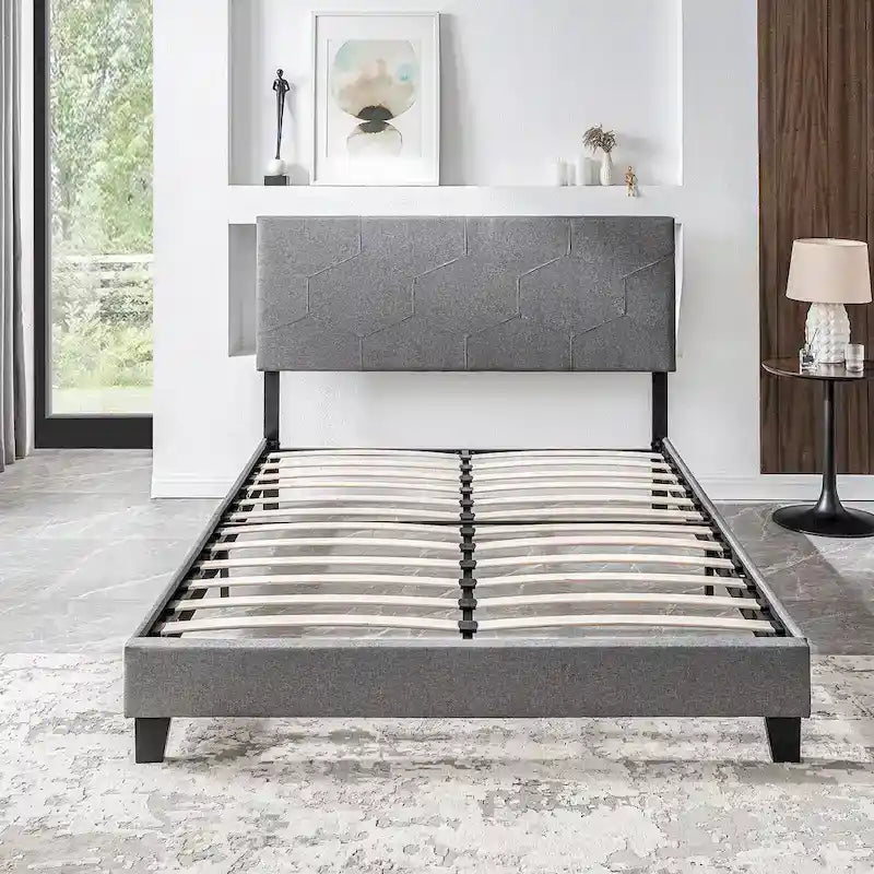 Letto Imbottito a Piattaforma Queen Grigio | Supporto a Doghe in Legno | Tutti i Tipi di Materasso | 227 kg